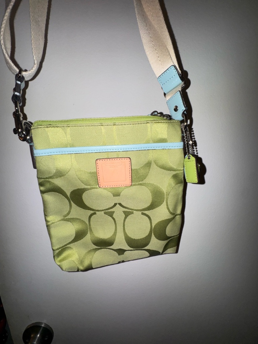 Coach Green Patterned Shoulder Bag with Cream Strap and Blue Trim